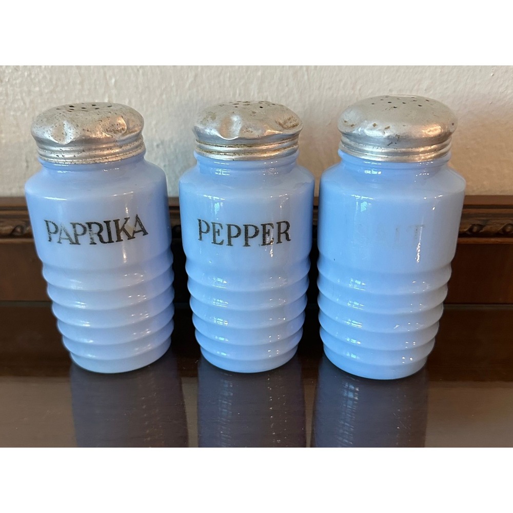 Vintage McKee Delphite Blue Beehive Salt Pepper Paprika Shaker Set